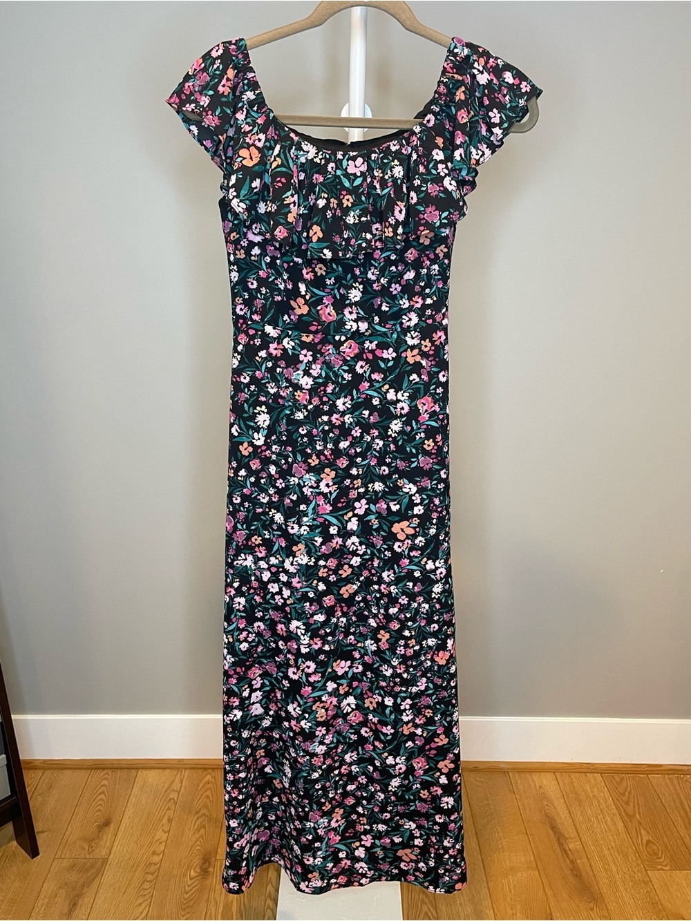 BCBG Paris Black Floral Maxi Dress with Pink & Green Accents - XS